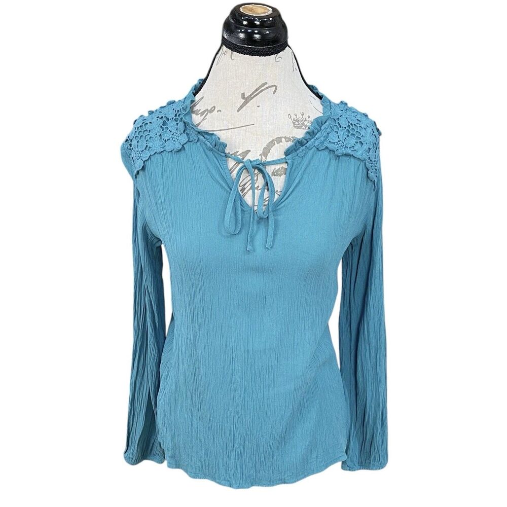 St. John's Bay Womens Blouse Sz Medium Long Sleeve Teal Boho Peasant Cottagecore